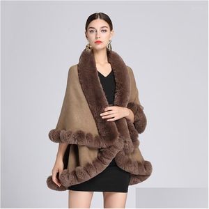 Schals Schals Lose Fledermausärmel Weicher Strickmantel Frauen Winter Party Umhang Breiter Faux Rex Pelzkragen Mantel Cape Mode Ponchos Chal F Dhfxa