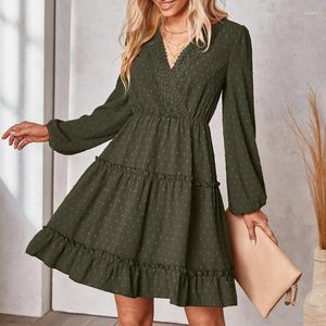 Casual Dresses Women's Autumn Dress Ruffle Layer Swing Deep V Neck Long Sleeve Kort cocktail