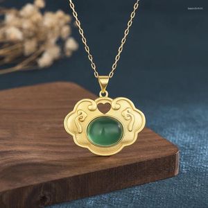 Pendant Necklaces China Style Jewelry Copper Gold-Plated Ancient Ruyi Safe Lock Necklace Inlaid Green Jade Love Heart For Women