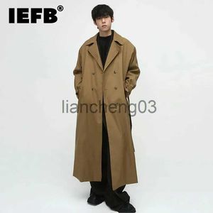 Erkek trençkotları IEFB adam trençkot moda giyim gelgit Kore tarzı Kore tarzı diz üstü uzun palto dantel yukarı çift düğme rüzgar köpürmesi 9C2779 J231012
