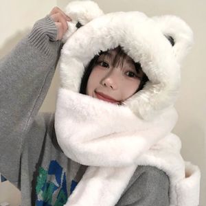Scarves Cute Bear Ear Cap Female Winter Style Thickened Warm Plush Scarf Multi-in-one Even Hat Scarf Three In One Outdoor Warm 231012