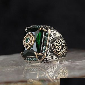 Turecki sygnetowy pierścień dla mężczyzn Kobiety starożytny sier kolor rzeźbiony eagle zielony cyrkon inkrusta punkowa motor dhgarden otsma