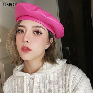 Berets USPOP Autumn Winter Hats Women Berets Solid color PU Leather Beret Hat Rose red Berets 231012