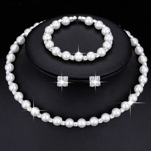 Wedding Jewelry Sets Fashion Bridal Set Pearl Party Prom Silver Color Crystal Bracelet Necklace Earrings for Women jewellery sets 231012