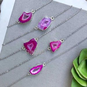 Pendant Necklaces NM27705 Pink Geode Agate Slice Silver Plated Druzy Charm Boho Chic Natural Stone Necklace