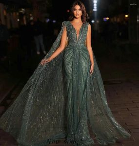 Vestidos de festa sexy profundo decote em v verde dubai sereia noite saudita árabe capa manga lantejoulas longos vestidos de casamento formal