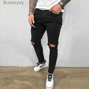 Mäns jeans män jeans knähål rippade stretch mager denim byxor fast färg svart blå höst sommar hip-hop stil smal passformare s-4xll23101