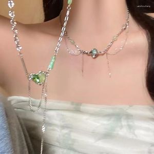 Pendant Necklaces Sweet Cool Green Rhinestone Love Heart Necklace Harajuku Girls Peace Buckle Tassel Choker For Women Korean Jewelry