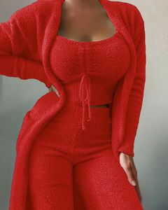 Women's Two Piece Pant Winter Plush Pajamas Set Housewear Casual 3piece Long Sleeve Open Navel Vest Shorts Soft Fleece Pyjamas S3XL 231011