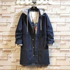 Rów męskich płaszczy wiosna i jesień w stylu koreańskim męskie dżinsowe kurtki Man Solid Trench Coats Casual Long Jean Overcoat Mężczyzna J231012