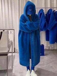 Women's Fur Hooded Long Winter Coat Women 2023 Sleeve Pockets Solid Loose Faux Coats Fashion Zipper Thicken Warm Jacket