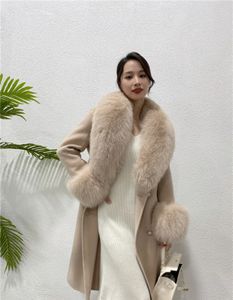 Women's Fur Faux Furshehe 2023 Autumn Winter Women Real Coat Cashmere Wool Blends With Detachable Collar Cuffs Ladies Slim Overcoat 231012