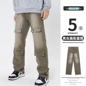 Men's Jeans American Distressed Street Loose Trend Multi Pocket Wide Leg Denim Pants Wash Green Cargo Trousers Man