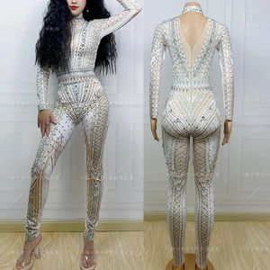 Scen Wear Sexig tät passande vit diamant Jumpsuit Nightclub Bar DJ Performance Costumes Pole Dance Clothing for Women DN16122