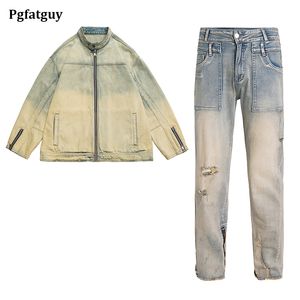 Estilo retro jaqueta jeans conjuntos para homens e mulheres lama amarelo high street oversized zíper denim casaco e calças casal hip hop 2pcs streetwear