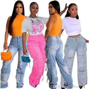 Atacado 2023 mulheres denim calças de carga moda cintura alta reta rasgado jeans baggy pant estética multi-bolso calças femininas outfit