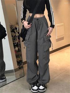 Damenhosen QWEEK Y2K Streetwear Grau Cargo Frauen Übergroße Hip Hop Egirl Taschen Weites Bein Hose Koreanischer Stil Kordelzug Jogginghose