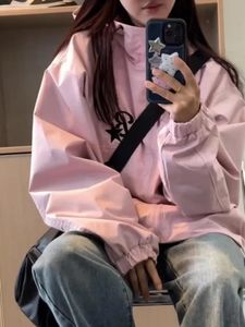 Kvinnors jackor houzhou koreansk stil gorpcore rosa spårjackor kvinnor hippie y2k överdimensionerad blixtlås vindbrytare jacka harajuku streetwear outwear 231011