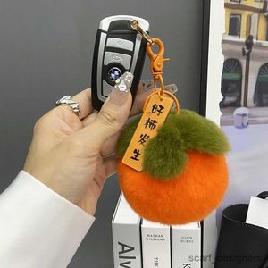 Lanyards Real Hair Mini Cute Small Persimmon Keychains Women Plush Rex Rabbit Fur Car Key Chain Bag Decoration Pendant Gift