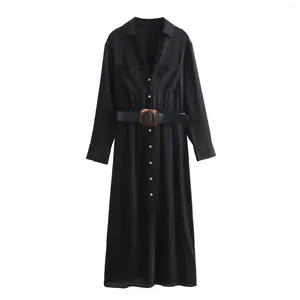 Casual Dresses Superaen European and American Style Women's 2023 Belt Black Long Shirt Dress