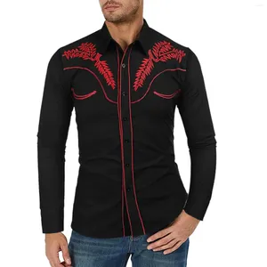 Camisetas masculinas Western Denim Camisa Casual Manga Longa Halloween Botão Algodão Slim Fit Confortável Top Básico