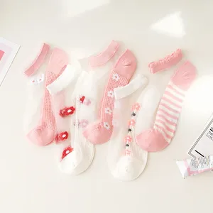 Women Socks 2-6 Pairs Summer Ultra-thin Transparent Glass Fiber Silk Striped Fashion Daisy Flower Japan Casual Ankle