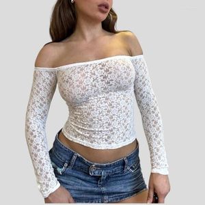 Women's T Shirts Chic Floral Lace T-shirt French Style Women Off Shoulder Long Sleeve White Tees Fairy Coquette Vintage Crop Tops Y2K