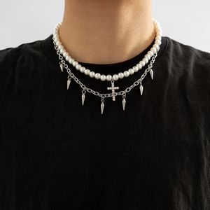 Pendanthalsband Punk Pearl Beads Chain Spikes Cross Necklace Men Hiphop Layered Rostly Steel Choker Set 2023 Fashion Jewelry 231012