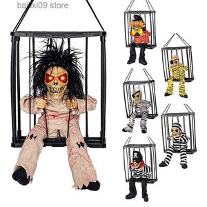 Outros suprimentos para festas de eventos Decoração de Halloween Prisioneiro Fantasma na gaiola Assustador Crânio Prop Esqueleto Elétrico Brinquedo Brilhante Olho Som Boneca Pendurado Falando Fantasma T231012