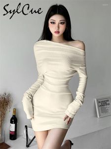 Casual Dresses Sylcue Solid Color Simple All-Match Elegant Mature Beautiful Sister Sexy Women'S Autumn Thin High-Bounce Off-Shoulder Dress