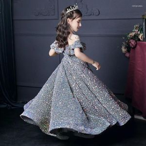 Girl Dresses 2-14 Years Elegant Formal Evening Dress Bows Children First Communion Princess Ball Gown Wedding Party Sequins