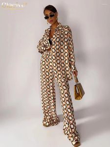 Kvinnors tvåbitar byxor Claceive Fashion Loose Print 2 Set Women Outfit 2023 Elegant långärmad blus med hög midja bred benkvinna