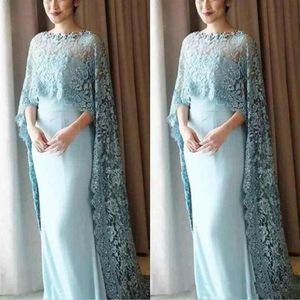 Light Blue Lace Cape Style Mother Of The Bride Dresses Chiffon Floor Length Prom Dress Custom Made Evening Gowns Vestidos302v