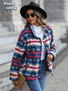 Women's Jackets DreamLullaby Vintage Long Sleeved Loose Denim Stitching Woolen Jacket Single Breasted Geometric Print Aztec Goth Coat 231011