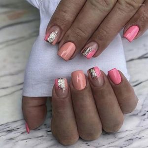 Unhas falsas moda francesa curta redonda aurora fatias flores falsas folhas rosa prata tigre listra pontas de unhas para salão de beleza