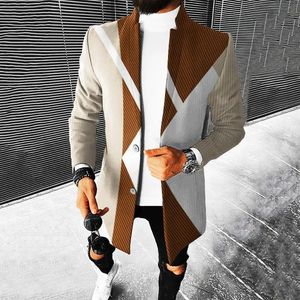 Men's Wool Blends Color Matching Printed Windbreaker Trench Coat Slanting Pocket Singlebreasted long Coats Leisure Holiday Outdoor Jacket 231011