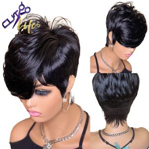Synthetic Wigs Beauty Short Bob Wavy Wig With Bangs Full Machine Made No Lace Wigs For Women Brazilian Remy Straight Human Hair Pixie Cut Wig 231012