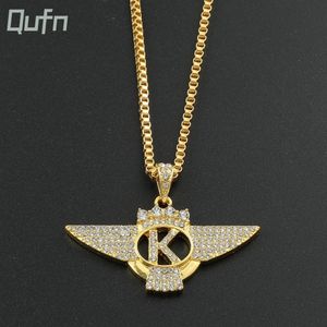 Chokers Luxury Full Iced Out Necklace Gold Color Letter K Wing Crown Pendant Necklaces Hip Hop Rock Jewelry Choker for Men 231011