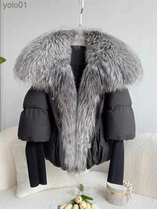 Women's Down Parkas JanVeny Large Real Silver Fox Fur Collar 2023 White Duck Down Jacka Women Winter Luxury Puffer Coat Oversize Feather Outwearl231012
