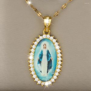 Collane con ciondolo Vergine Maria in blu ovale zircone collana per donne regalo di Natale banchetto decorazione di gioielli per feste amici