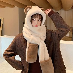 Scarves 3pcs/set Thickened Bear Scarf Hat Glove Sets Women Cute Japanese Kawaii Winter Plush All-in-one Hooded Warm Gloves 231012