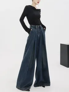 Women's Jeans Casual Extra Long Denim Pants Women Baggy Trousers Wide Legs Vintage Solid Dark Blue Flares High Waist Loose