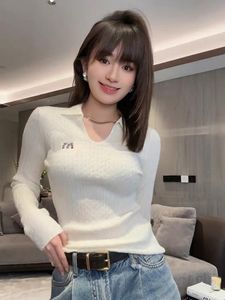 Women's Slim Knits Bottoming Shirt Solid Color Streetwear Sping Autumn Lady Lapel Long Sleeve Thin Pullover Knitted Tops