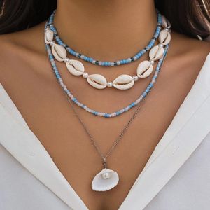 Pendant Necklaces Salircon Bohemian Natural Shell Chain Clavicle Necklace Fashion Blue Rice Beads Multi Layered Summer Sexy Beach Jewelry