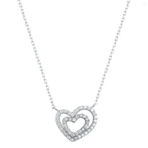 Correntes Han Hao S925 Sterling Silver 925 Colar de pingente de coração duplo para mulheres - Clavícula cravejada de diamante