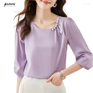 Blusas femininas NAVIU Light Purple Cetim Camisa Mulheres Manga Longa Primavera Outono Design High End Temperamento Escritório Senhoras Trabalho Tops