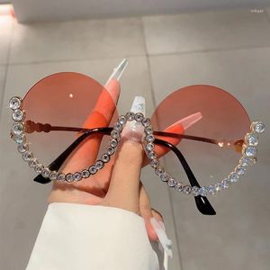 Sunglasses KAMMPT Y2k Round Stylish Vintage Semi-rimless Women Shades With Rhinestones Ins Trendy Gradient Ocean Lenses Eyewear