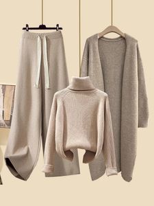 Zweiteilige Damen-Hosen, Herbst-Winter, warme Strickwaren-Sets für Damen-Outfits, Damen, eleganter Rollkragenpullover, lange Strickjacke, Jacke, weites Bein, Hosen-Set 2023 231011