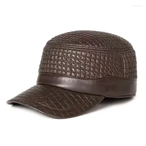 Bollkåpor Unburn Goatskin Leather Hat For Men 2023 Winter Flat Top Casual Liten Plaid Black High Quality Outdoor Warm Hockey Gorras