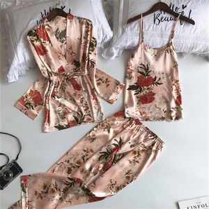 9 Колора женщин пижамы с брюками 3pcs атласная шелковая печать цветочная розовая ночная домашняя одежда в пижаме сон женскую одежду 210305212R